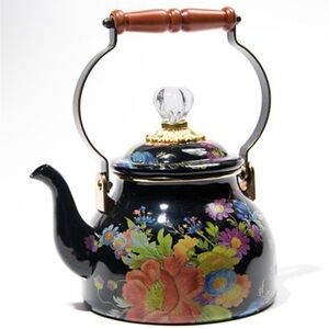MacKenzie-Childs Black Floral Teapot with Wooden Handle